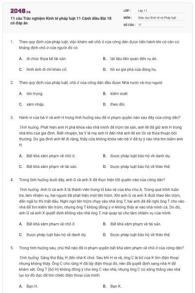 11 câu Trắc nghiệm Kinh tế pháp luật 11 Cánh diều Bài 18 có đáp án