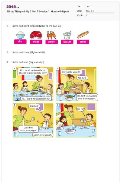 Bài tập Tiếng anh lớp 3 Unit 5 Lession 1. Words có đáp án