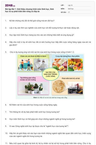 Bài tập Bài 1: Giới thiệu chương trình môn Sinh học, Sinh học và sự phát triển bền vững có đáp án