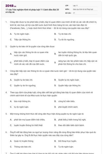 17 câu Trắc nghiệm Kinh tế pháp luật 11 Cánh diều Bài 20 có đáp án
