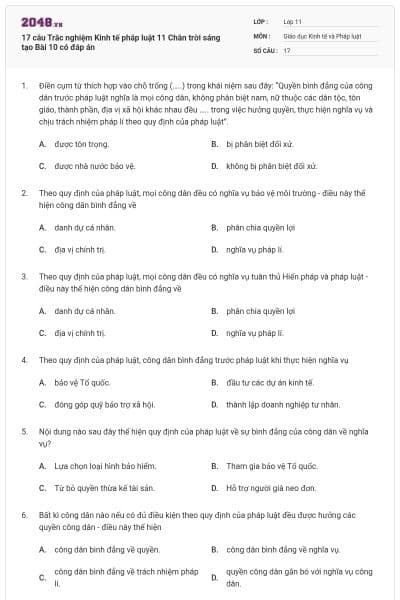 17 câu Trắc nghiệm Kinh tế pháp luật 11 Chân trời sáng tạo Bài 10 có đáp án