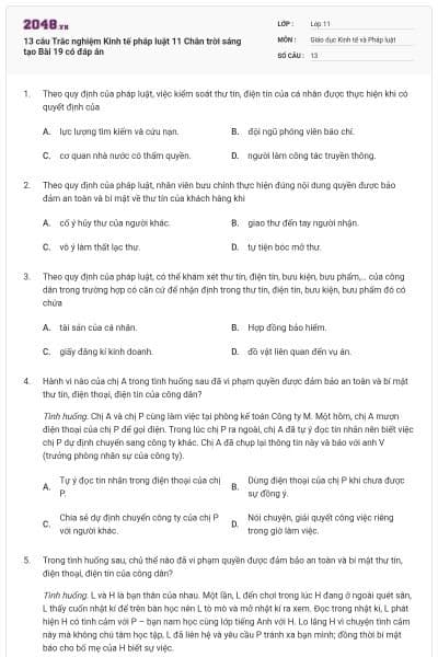 13 câu Trắc nghiệm Kinh tế pháp luật 11 Chân trời sáng tạo Bài 19 có đáp án