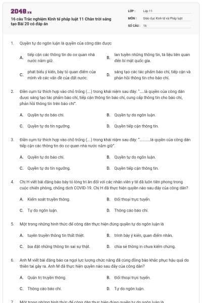 16 câu Trắc nghiệm Kinh tế pháp luật 11 Chân trời sáng tạo Bài 20 có đáp án
