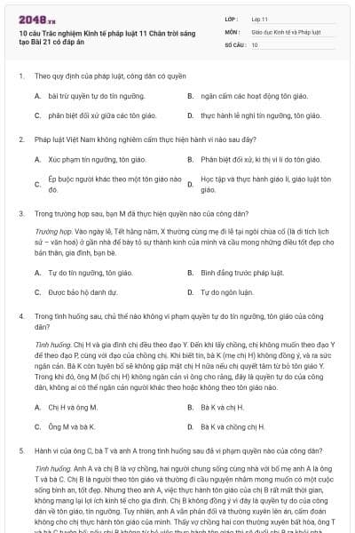 10 câu Trắc nghiệm Kinh tế pháp luật 11 Chân trời sáng tạo Bài 21 có đáp án