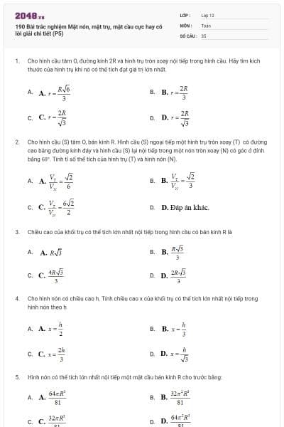 190 Bài trắc nghiệm Mặt nón, mặt trụ, mặt cầu cực hay có lời giải chi tiết (P5)