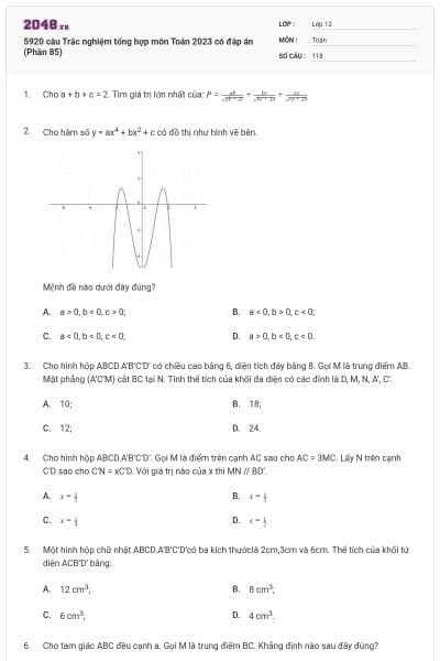 5920 câu Trắc nghiệm tổng hợp môn Toán 2023 có đáp án (Phần 85)
