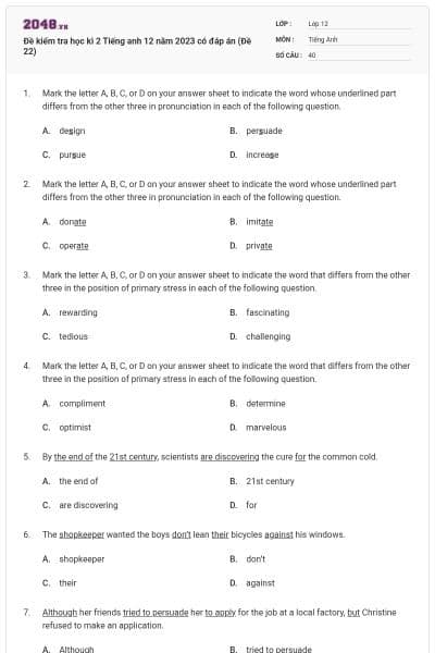 Đề kiểm tra học kì 2 Tiếng anh 12 năm 2023 có đáp án (Đề 22)