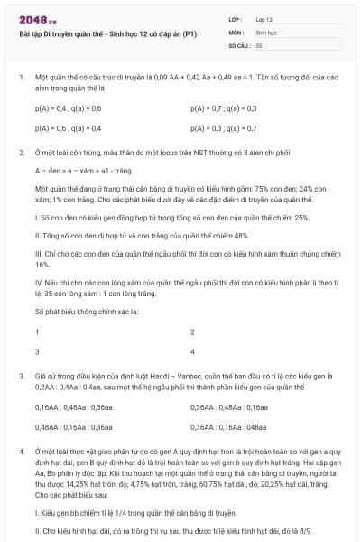 Bài tập Di truyền quần thể - Sinh học 12 có đáp án (P1)