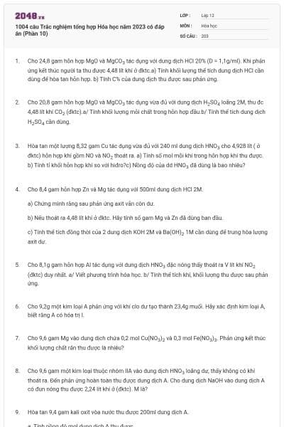 1004 câu Trắc nghiệm tổng hợp Hóa học năm 2023 có đáp án (Phần 10)