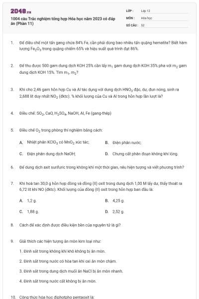 1004 câu Trắc nghiệm tổng hợp Hóa học năm 2023 có đáp án (Phần 11)