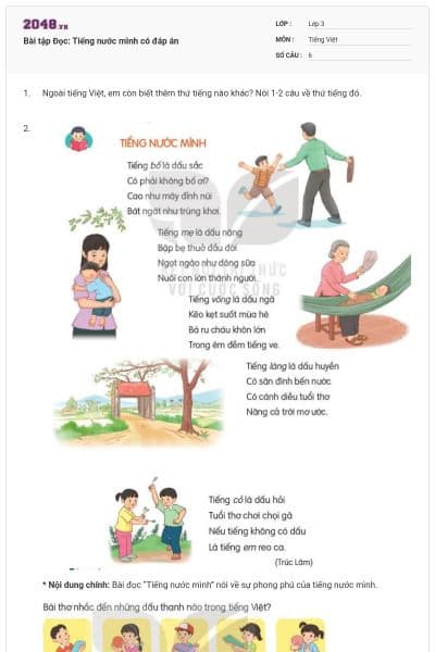 Bài tập Đọc: Tiếng nước mình có đáp án