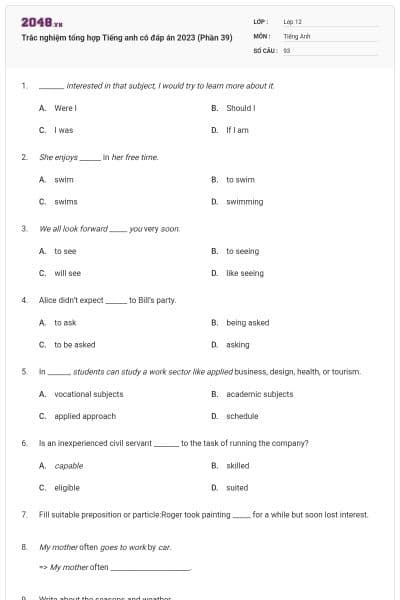 Trắc nghiệm tổng hợp Tiếng anh có đáp án 2023 (Phần 39)