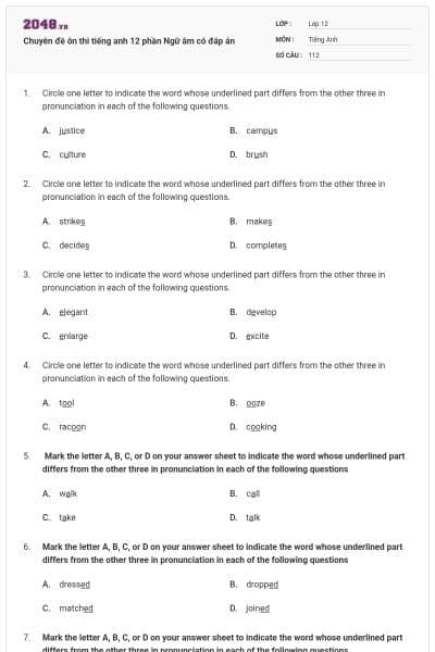 Chuyên đề ôn thi tiếng anh 12 phần Ngữ âm có đáp án