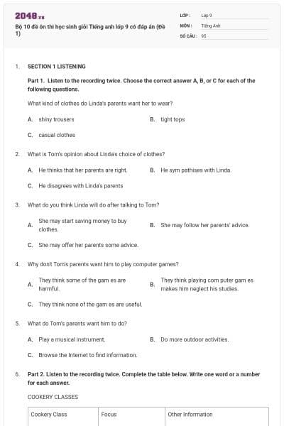 Bộ 10 đề ôn thi học sinh giỏi Tiếng anh lớp 9 có đáp án (Đề 1)