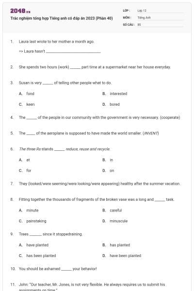 Trắc nghiệm tổng hợp Tiếng anh có đáp án 2023 (Phần 40)