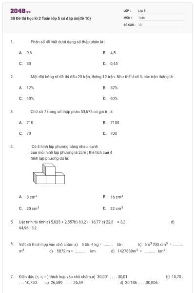 30 Đề thi học kì 2 Toán lớp 5 có đáp án(đề 10)