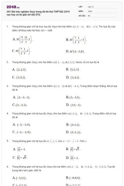 201 Bài trắc nghiệm Oxyz trong đề thi thử THPTQG 2019 cực hay có lời giải chi tiết (P3)
