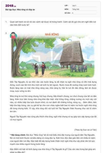 Bài tập Đọc: Nhà rông có đáp án