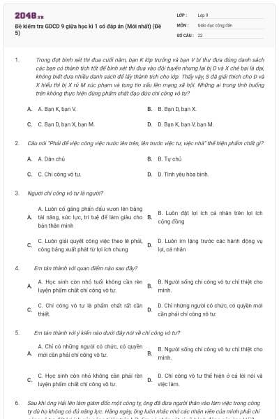 Đề kiểm tra GDCD 9 giữa học kì 1 có đáp án (Mới nhất) (Đề 5)