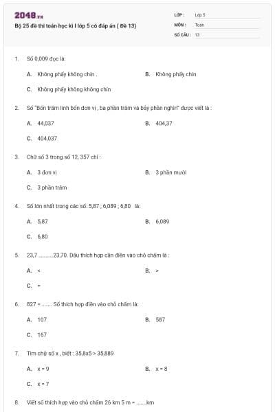 Bộ 25 đề thi toán học kì I lớp 5 có đáp án ( Đề 13)