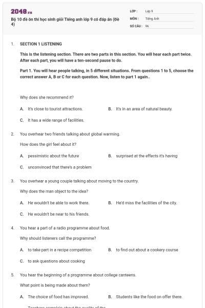 Bộ 10 đề ôn thi học sinh giỏi Tiếng anh lớp 9 có đáp án (Đề 4)