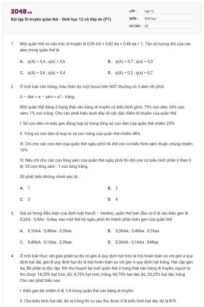 Bài tập Di truyền quần thể - Sinh học 12 có đáp án (P1)