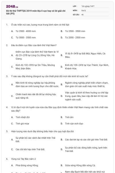Đề thi thử THPTQG 2019 môn Địa lí cực hay có lời giải chi tiết (P5)