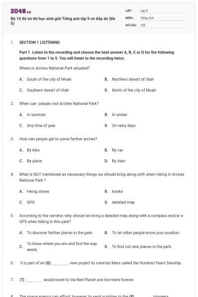 Bộ 10 đề ôn thi học sinh giỏi Tiếng anh lớp 9 có đáp án (Đề 5)