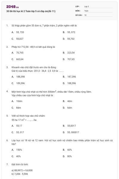 30 Đề thi học kì 2 Toán lớp 5 có đáp án(đề 11)