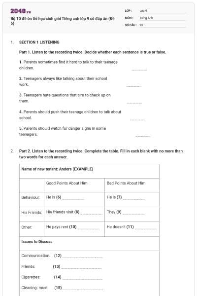Bộ 10 đề ôn thi học sinh giỏi Tiếng anh lớp 9 có đáp án (Đề 6)