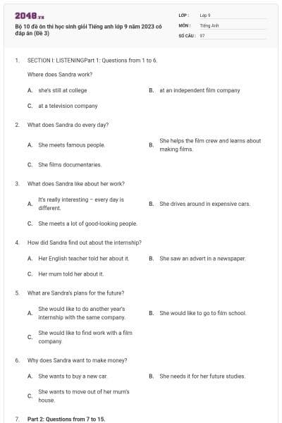 Bộ 10 đề ôn thi học sinh giỏi Tiếng anh lớp 9 năm 2023 có đáp án (Đề 3)