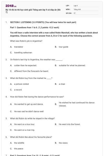 Bộ 10 đề ôn thi học sinh giỏi Tiếng anh lớp 9 có đáp án (Đề 7)