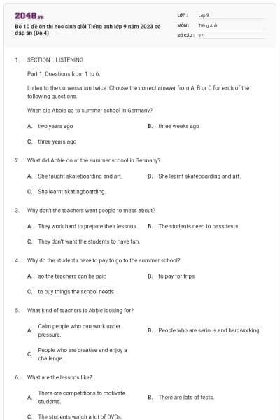 Bộ 10 đề ôn thi học sinh giỏi Tiếng anh lớp 9 năm 2023 có đáp án (Đề 4)