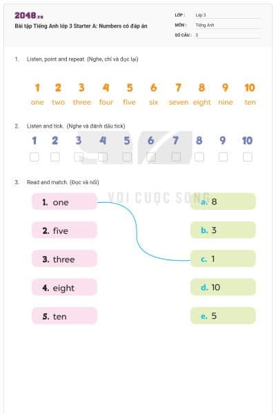 Bài tập Tiếng Anh lớp 3 Starter A: Numbers có đáp án