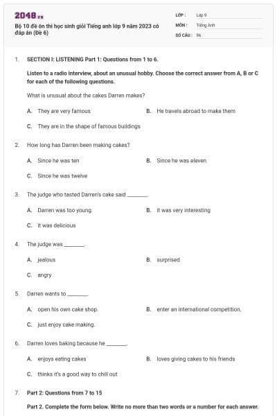 Bộ 10 đề ôn thi học sinh giỏi Tiếng anh lớp 9 năm 2023 có đáp án (Đề 6)