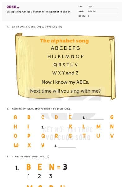 Bài tập Tiếng Anh lớp 3 Starter B: The alphabet có đáp án
