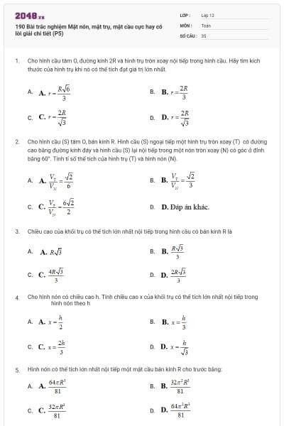 190 Bài trắc nghiệm Mặt nón, mặt trụ, mặt cầu cực hay có lời giải chi tiết (P5)