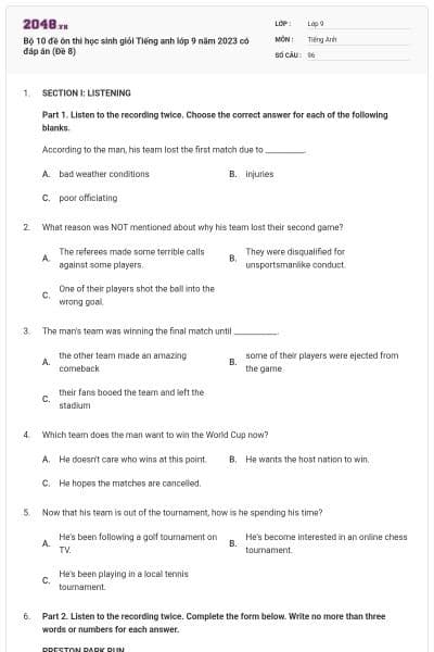 Bộ 10 đề ôn thi học sinh giỏi Tiếng anh lớp 9 năm 2023 có đáp án (Đề 8)