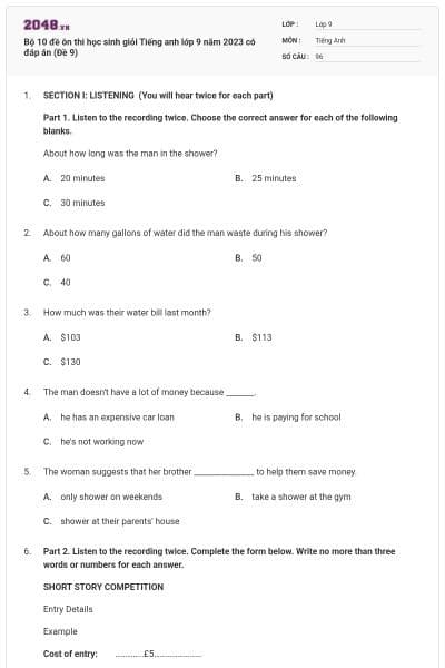 Bộ 10 đề ôn thi học sinh giỏi Tiếng anh lớp 9 năm 2023 có đáp án (Đề 9)