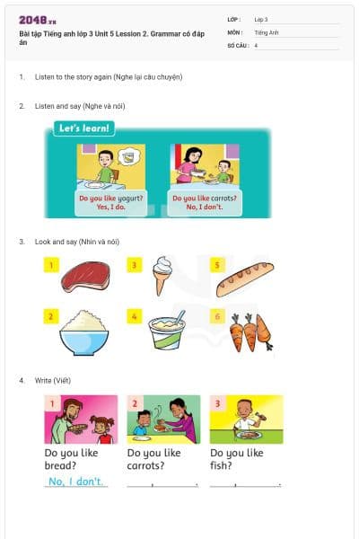 Bài tập Tiếng anh lớp 3 Unit 5 Lession 2. Grammar có đáp án