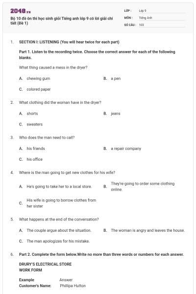 Bộ 10 đề ôn thi học sinh giỏi Tiếng anh lớp 9 có lời giải chi tiết (Đề 1)
