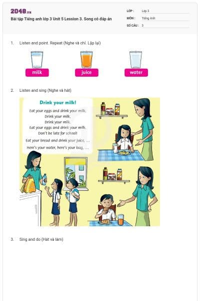 Bài tập Tiếng anh lớp 3 Unit 5 Lession 3. Song có đáp án