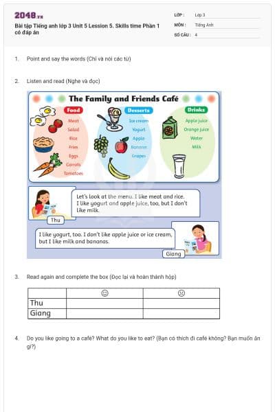 Bài tập Tiếng anh lớp 3 Unit 5 Lession 5. Skills time Phần 1 có đáp án