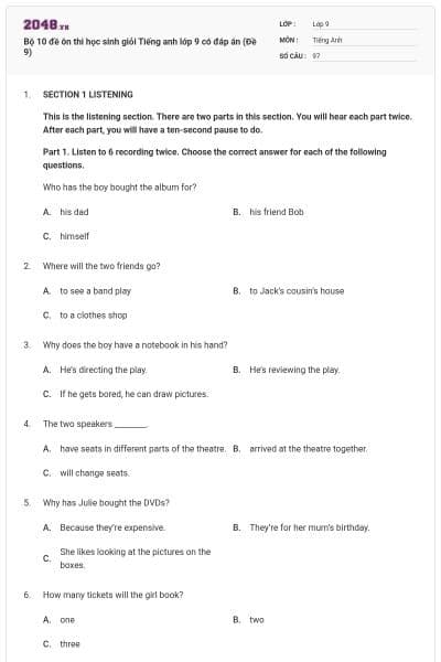Bộ 10 đề ôn thi học sinh giỏi Tiếng anh lớp 9 có đáp án (Đề 9)