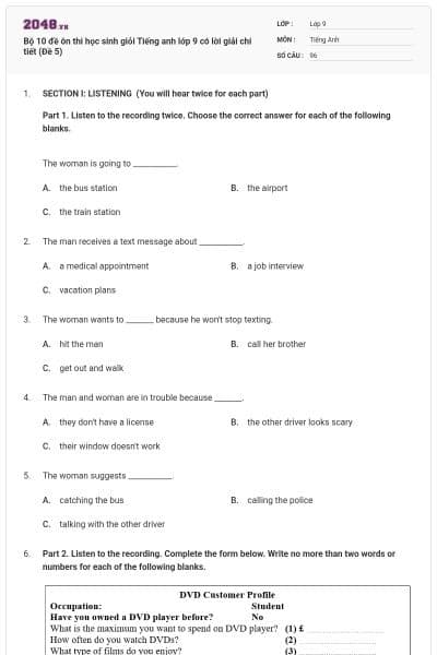 Bộ 10 đề ôn thi học sinh giỏi Tiếng anh lớp 9 có lời giải chi tiết (Đề 5)