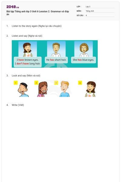 Bài tập Tiếng anh lớp 3 Unit 6 Lession 2. Grammar có đáp án