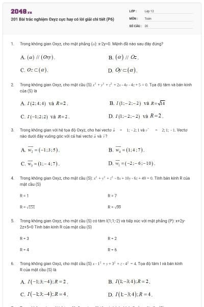 201 Bài trắc nghiệm Oxyz cực hay có lời giải chi tiết (P6)