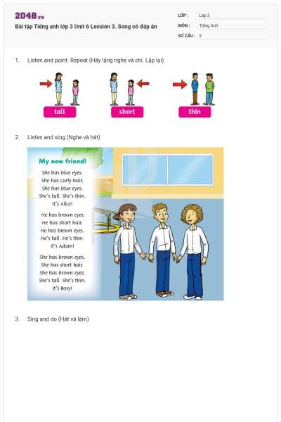 Bài tập Tiếng anh lớp 3 Unit 6 Lession 3. Song có đáp án