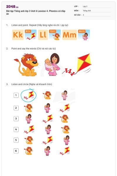 Bài tập Tiếng anh lớp 3 Unit 6 Lession 4. Phonics có đáp án