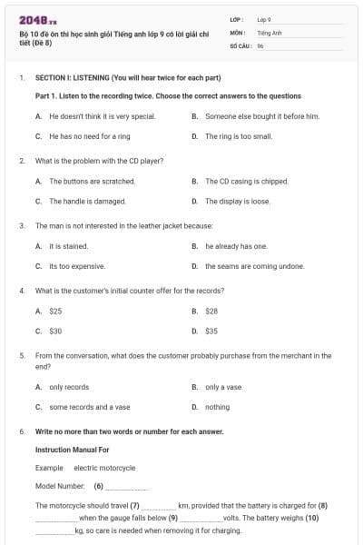 Bộ 10 đề ôn thi học sinh giỏi Tiếng anh lớp 9 có lời giải chi tiết (Đề 8)